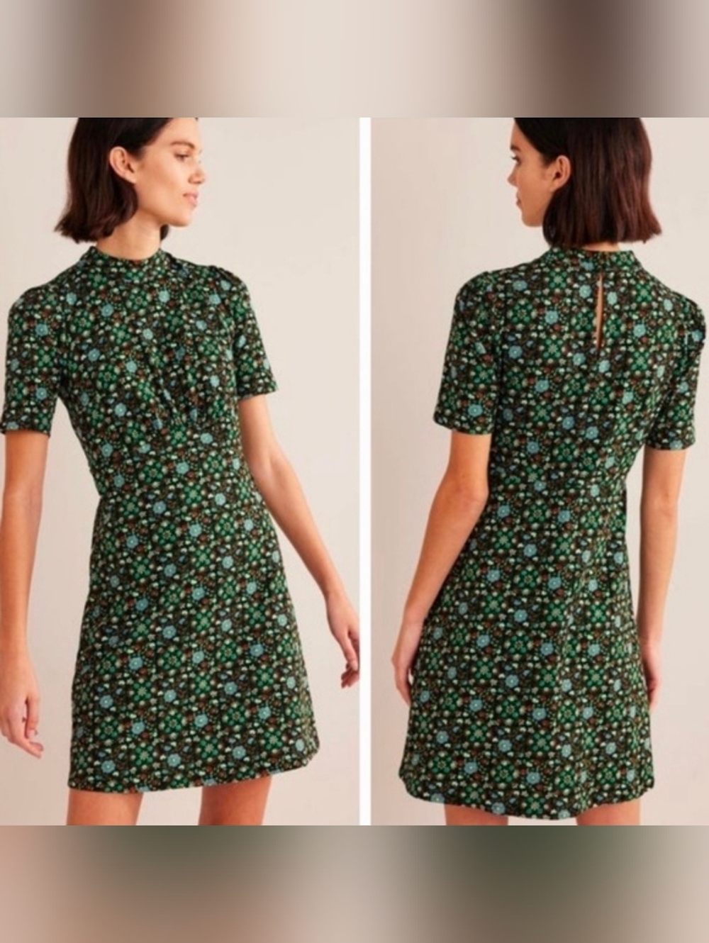 Boden Green Floral Mock-Neck Mini Dress - Size 14L - Picture 4 of 11